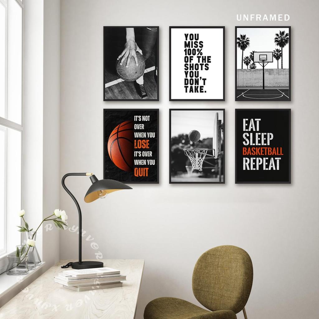 Xynvor 6Pcs Basketball pirational Canvas Wall Art Black White Basketball Posters Artwork Sport Motivational Quotes Painting Pictures Wall Decor for