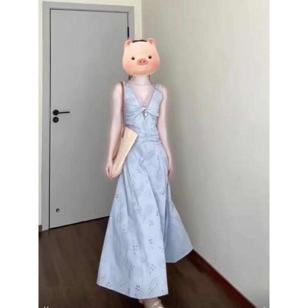 Retro gentle wind lace splicing V-neck dress casual temperament elegant summer seaside vacation dress