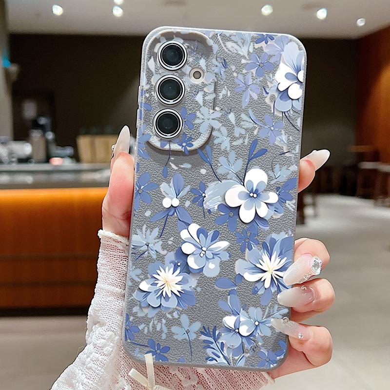 

Чехол с узором из синих и белых цветов для Samsung Galaxy S26 Ultra S25 Edge S24 Plus S23 S22 S21 FE S25 Ultra Роскошная текстура кожи Мягкая силиконовая накладка Samsung S26 Ultra серый