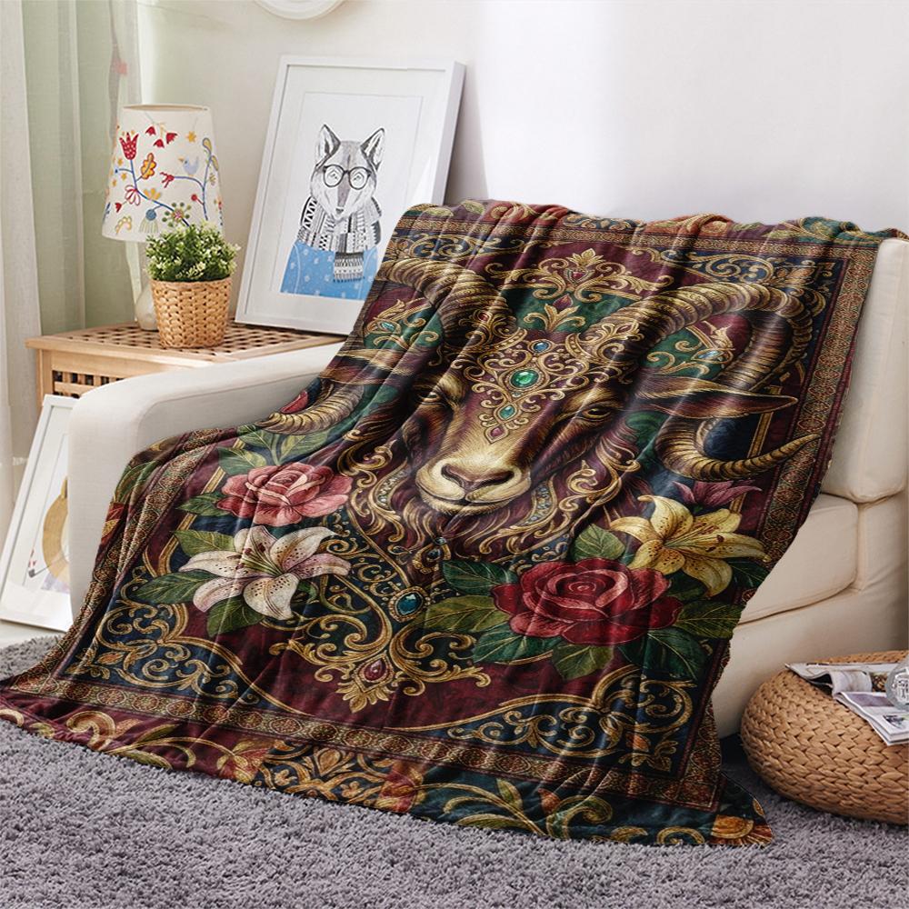 1Pc Goat Demon Print Flannel Blanket, High Quality Comfortable for All Seasons, Home Decor, Warmth and Comfort, Perfect for Christmas Gifts W141