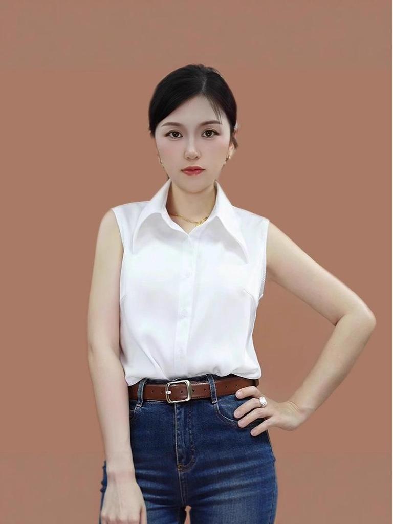 Women's French Style Sleeveless Polo Collar White Shirt - Versatile Spring/Autumn Casual Wear