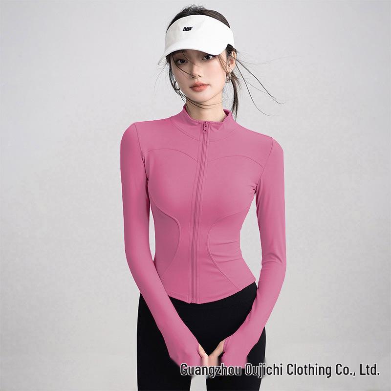 Women's Slim-Fit High Collar Yoga Jacket - Long Sleeve Knit Top for Outdoor Fitness
