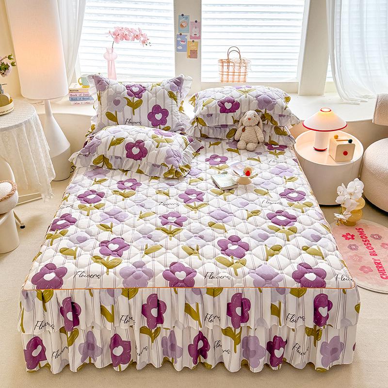 Fustă de pat prințesă matlasată cu dantelă în stil coreean – Cuvertură de pat groasă, din mătase periată, rezistentă la praf