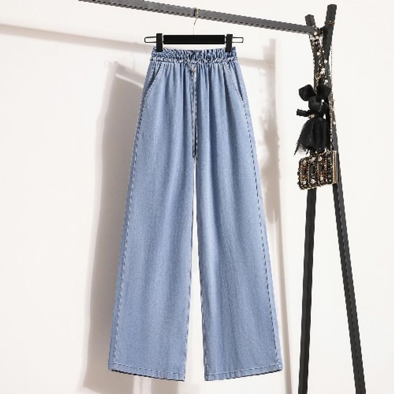 Plus size European and American Elastic High Waist Tencel Thin Narrow Wide Leg Straight Ice Silk Mop Denim Trousers Women M-4XL
