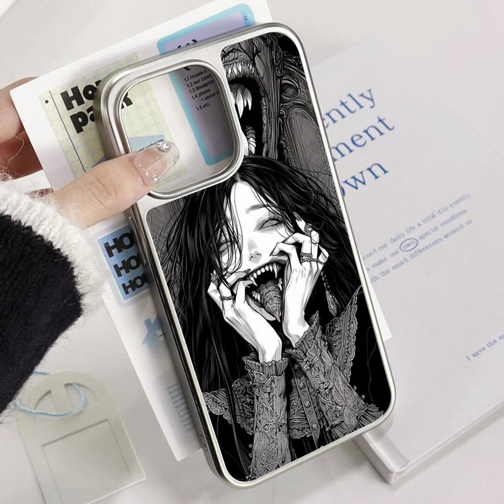Demon Cool Hip-hop Pattern Design Phone Case for iPhone 16 15 14 13 12 11 Pro Max Sheepskin Silver-edged Protective Case