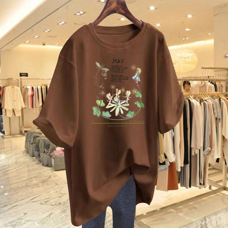 Women's White Summer Casual Loose Fit Pure Cotton Printed Short-Sleeve T-Shirt Undershirt