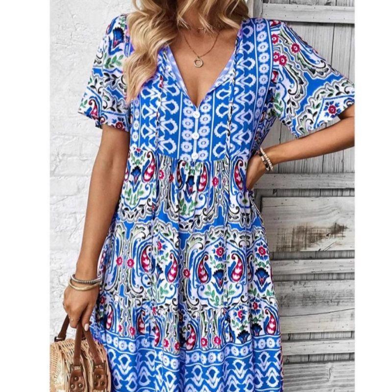 

New Printed Dress 2025 Women clothes Summer New Print V-neck Dress Loose Meat Covering Short dress Safflower S