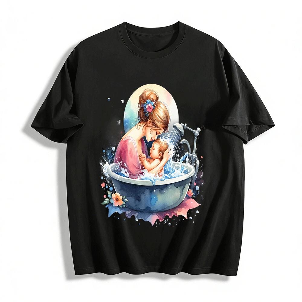 Hand-painted Parent-child Bath Print Casual Adult Top Pure cotton T-shirt XXS