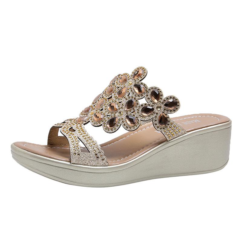Fish mouth wedge sandals women's 20 summer new thick-soled waterproof table rhinestone sandals wish women's shoes