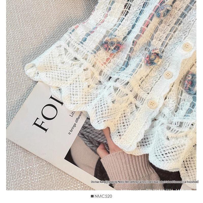 Retro 3D Flower Puff Sleeve Cropped Knit Top - Women's Summer V-Neck Shirt