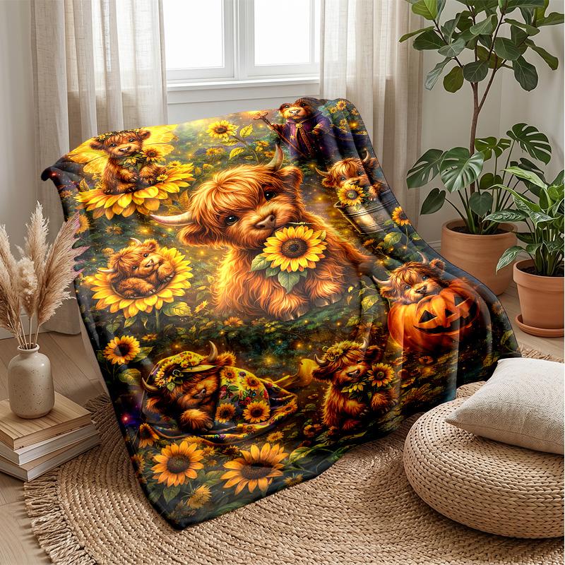 Fairy Highland Cow with Rainbow Theme blanket Lightweight Warm Flannel Blanket Decorative Throw Blanket for Home Decoration