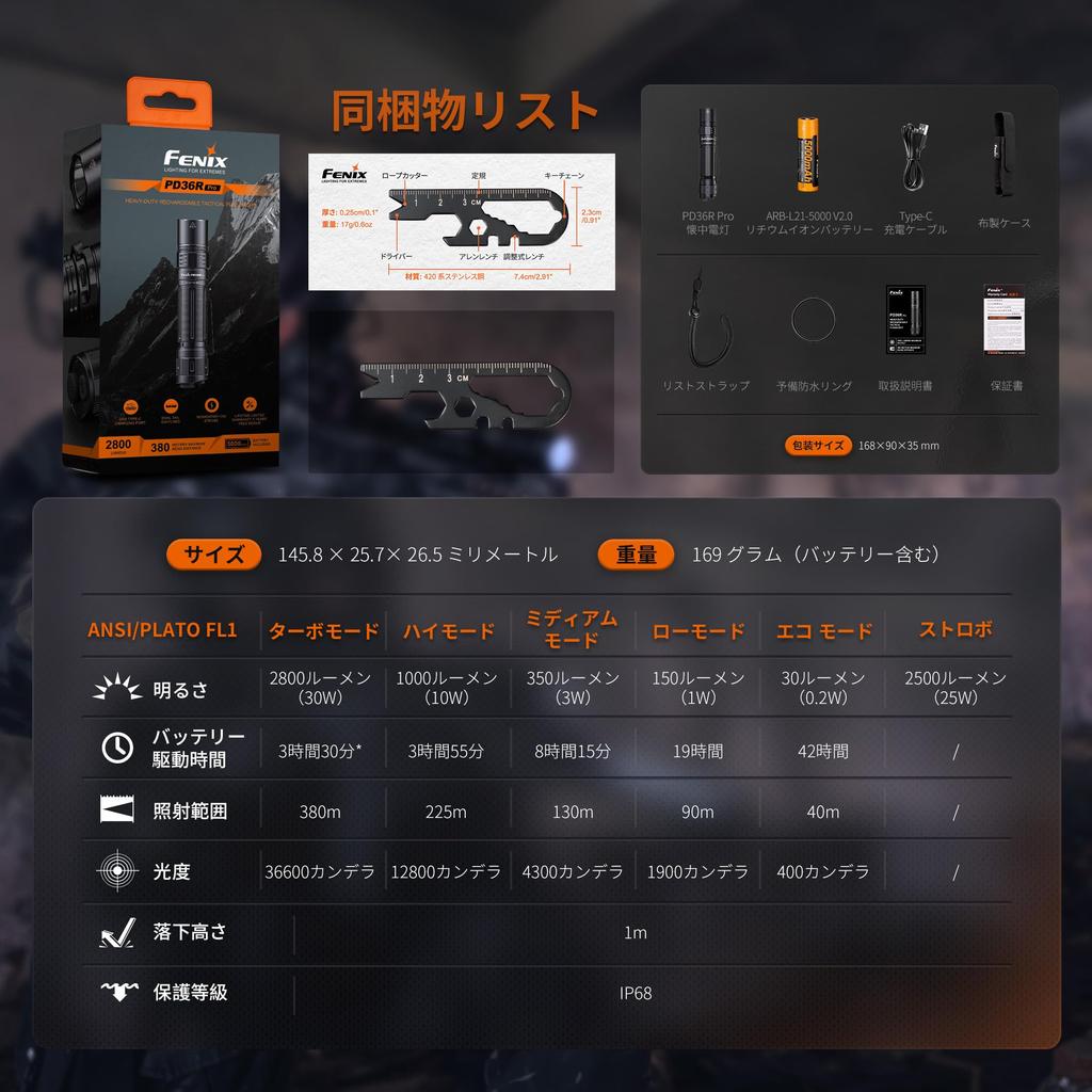 Fenix PD36R PRO Rechargeable LED 2800 Portable 380m 42 Hours of Battery Waterproof and Disaster High Tactical Handy for Outdoor 5000mAh Battery