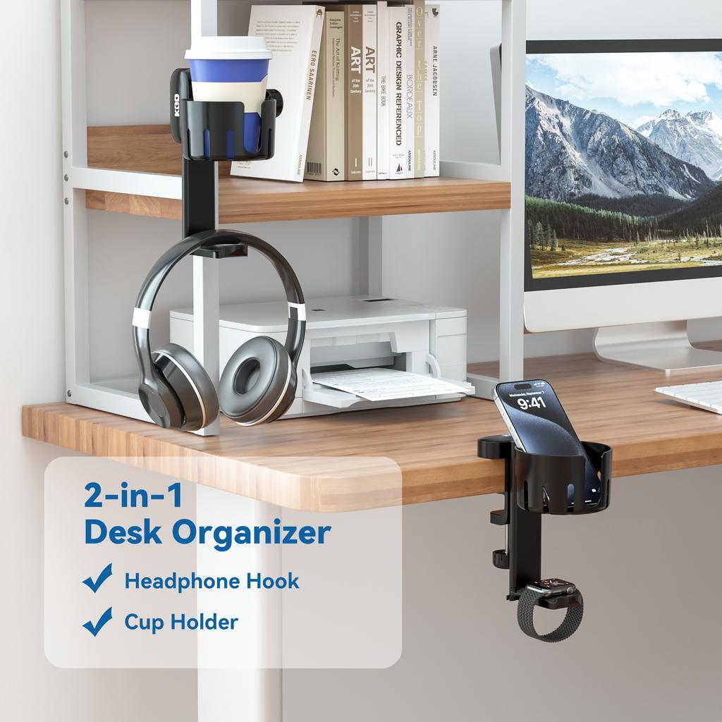 KDD 2 In 1 Replaceable Cup Holder Under Desk Clamp Headphone Stand Rotatable Headphone Hanger Headset Storage Holder