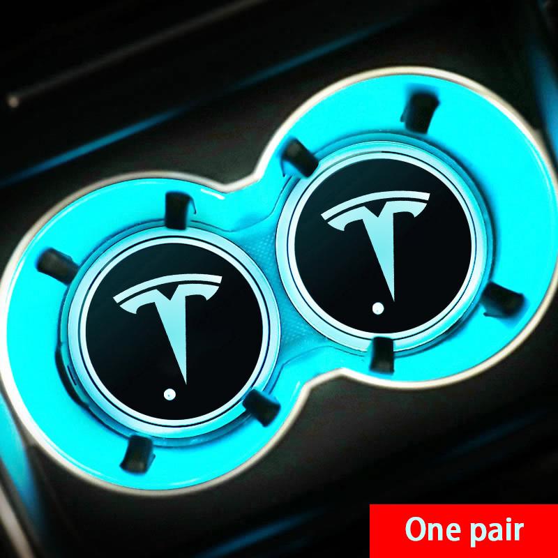2Pcs 7 Colors Car LED Luminous Water Cup Pads Auto Coaster Mats for Tesla Model Y Model 3 Model S Model X Auto Accessories