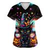 Women's V-neck Halloween Printed Short-sleeved Pocket Side-slit Protective Suit Top
