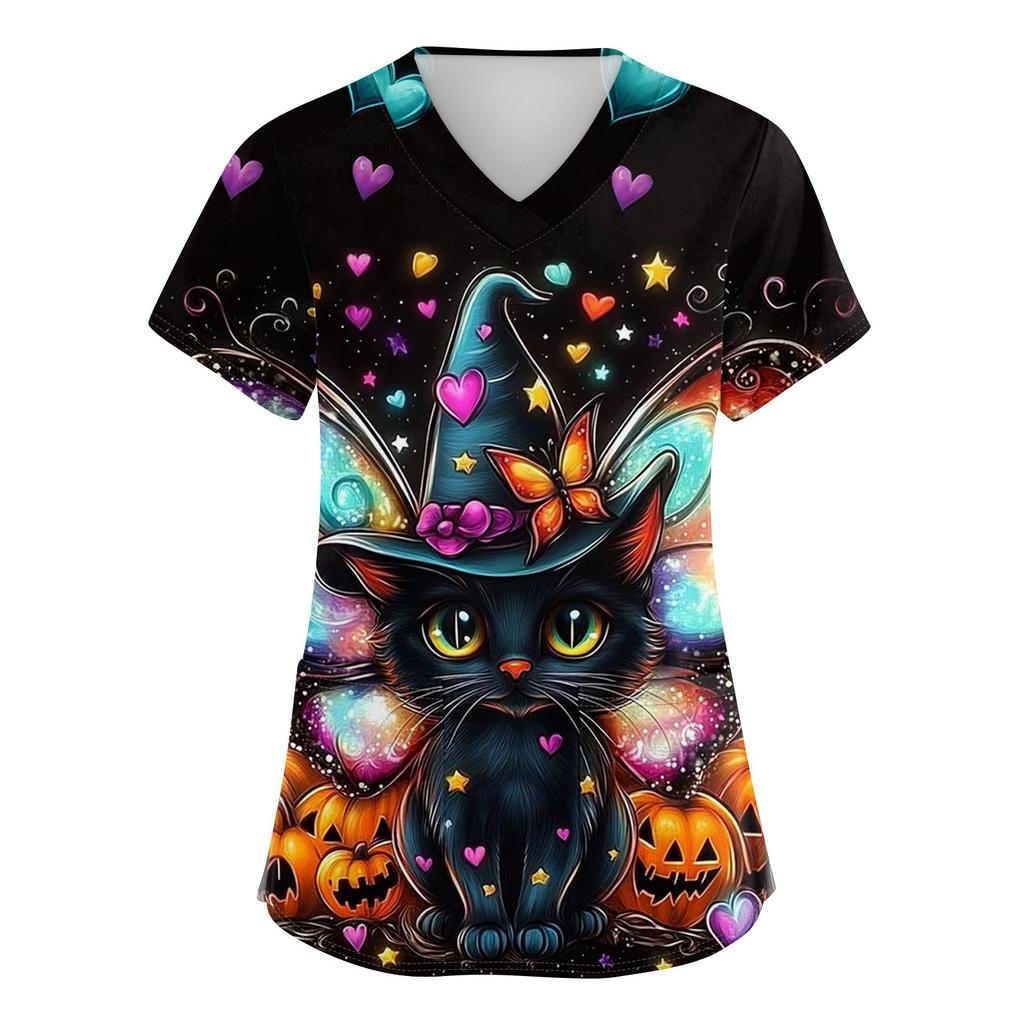 Women's V-neck Halloween Printed Short-sleeved Pocket Side-slit Protective Suit Top