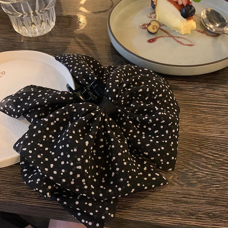 French Retro Mesh Bow Polka Dot Hair Claw - Fashionable Chiffon Half Claw for Autumn/Winter