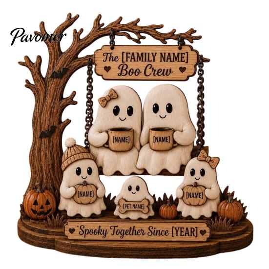 Spooky Party Decorations Halloween Ghost Family Wooden Plaque, Pumpkin Couple Tabletop Sign, Wood Table Ornaments Farmhouse Home Ornament for