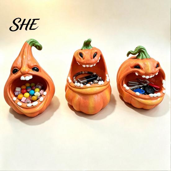 Halloween Party Ornament Big Mouth Pumpkin Storage Box, Figurine Resin Jewelry Tray, Bowl Trinket Keys Candy Holder for Home Office Desk Decor