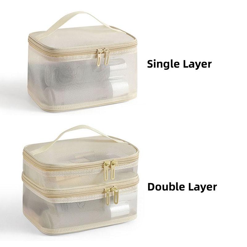 

Double Layer Cosmetic Bag, Large Portable Mesh Travel Cosmetic Bag, with Double Zipper Makeup Brush Multifunctional Toiletry Bag Single Layer