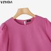VONDA Summer Elegant Women Short Sleeve Lace Hem Texture Casual Short T-shirts