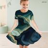 Girls Round Neck Short Sleeve Marble Printed A Line Flared Dress