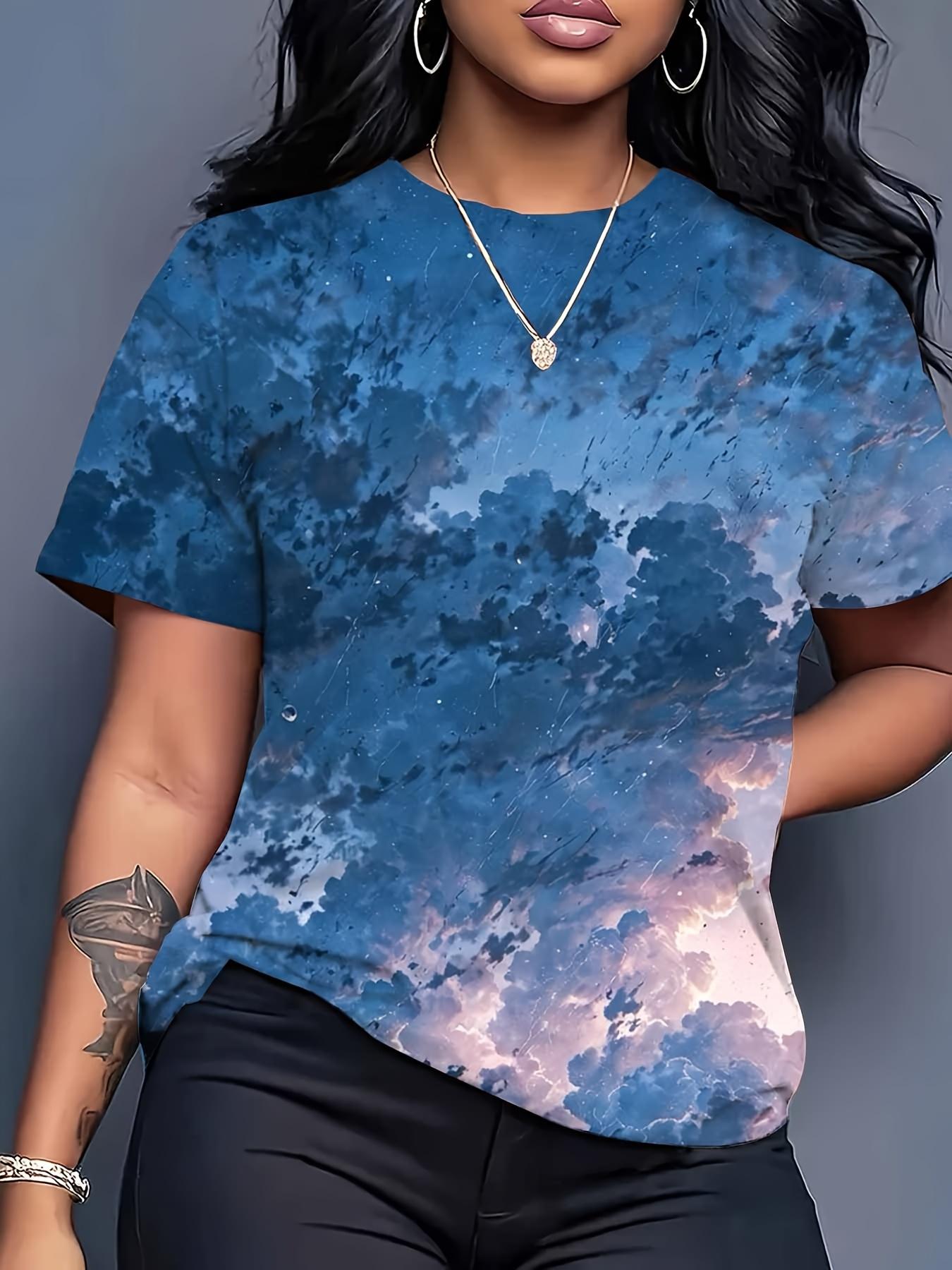 

Women s Oversized Butterfly Print T-Shirt- Bright Blue and Pink Casual Crew Neck Short Sleeve Top. Breathable Summer T-Shirt with Drop Shoulder Design L