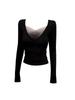 Autumn/Winter V-Neck Mesh Patchwork Long Sleeve Top for Women - Slimming Waist-Cinching Korean Design