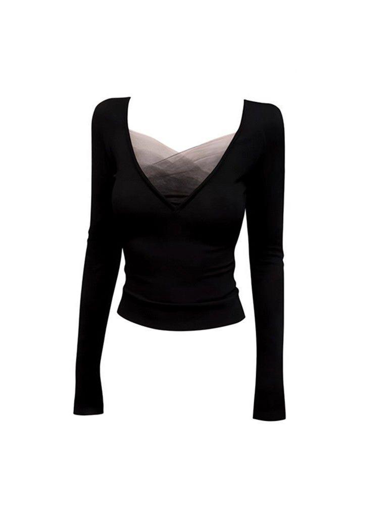Autumn/Winter V-Neck Mesh Patchwork Long Sleeve Top for Women - Slimming Waist-Cinching Korean Design