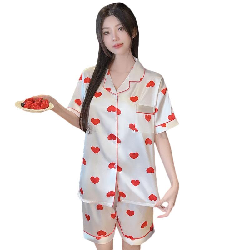 Light Luxury High-Value Love Ice Silk Sweet Pajamas Women'S Summer Short-Sleeved Suit Loungewear Can Be Worn Outside