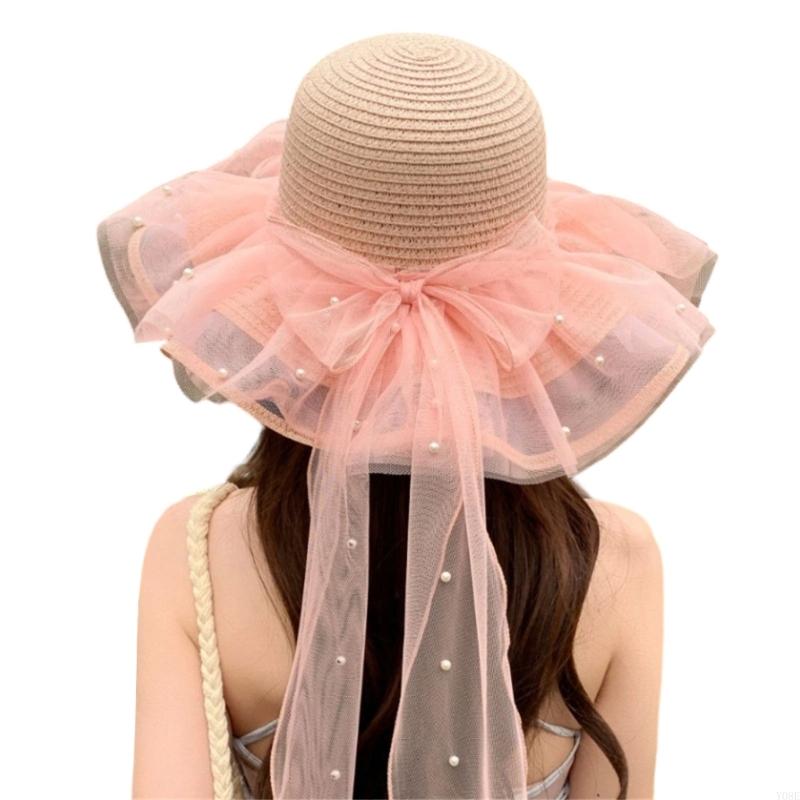 Elegant Sun Hat For Women Paper Straw Breathable And Foldable Lace Bowknot Wide Brims Panama Hat for Camping Travel Y08E розовый