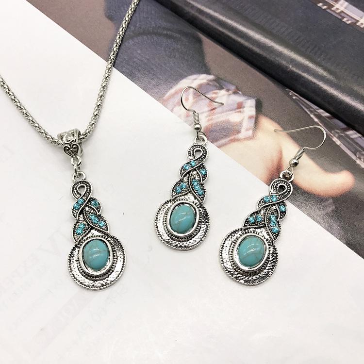 Vintage Necklace Earrings Set Bohemian Ancient Silver Turquoise Sweater Collarbone Chain Versatile Earrings