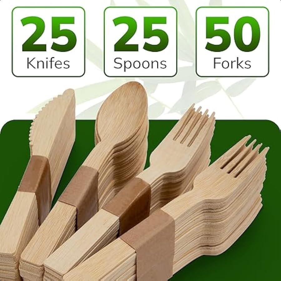 

Набор деревянных столовых приборов 100 шт. Одноразовые бамбуковые вилки, ложки, ножи. Компостируемые. 100% натуральные бамбуковые приборы для вечеринок, пикников, C United States