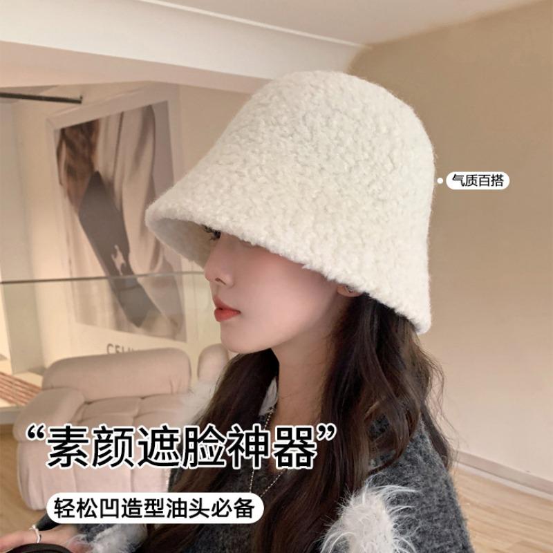Show face small bucket hat women's autumn and winter new show face small lamb wool bucket basin hat big head circumference hat