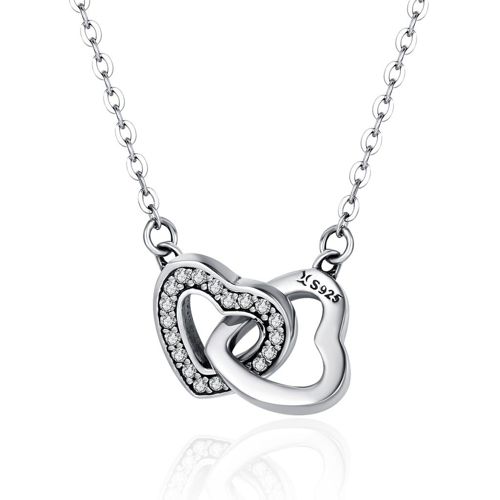 WOSTU 925 Silver Connected Heart Couple Heart Pendant Necklace for Girlfriend Jewelry Valentine Day Gift CQN181