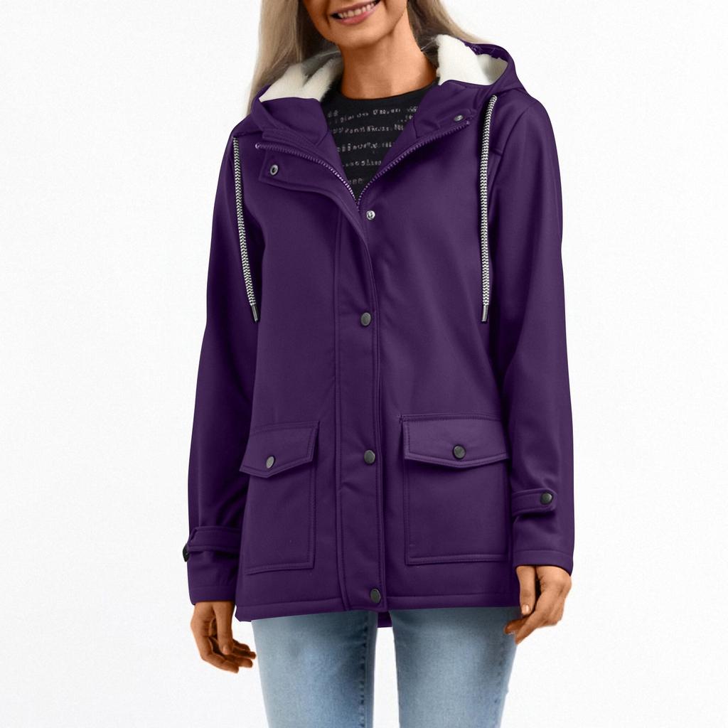 Women's Fashionable Solid Color Long Sleeved Hooded Zipper Windbreaker Composite Velvet Waterproof Jacket