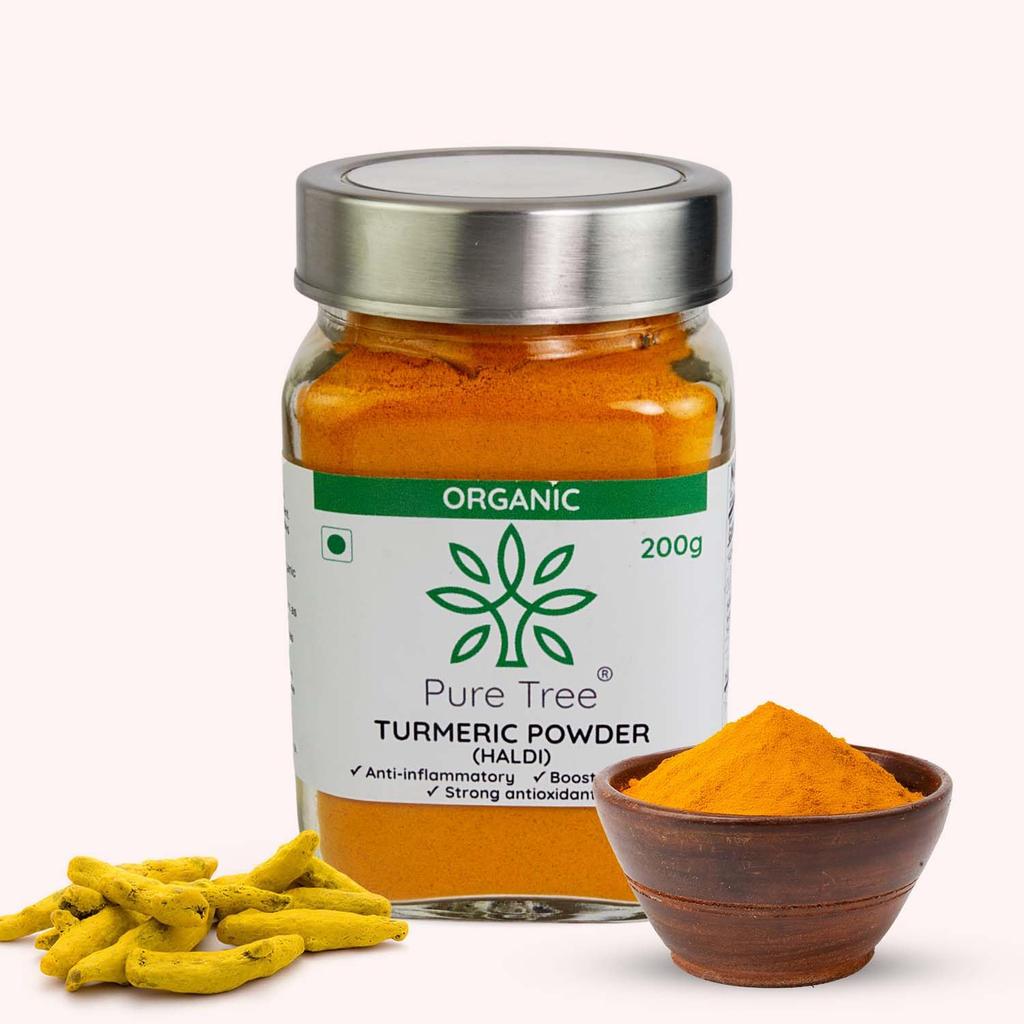 Pure Tree Certified Organic Haldi Powder | 200 G | Glass Jar | Turmeric Powder | Spice Masala Powder Raw for Milk | Strong Antioxidant