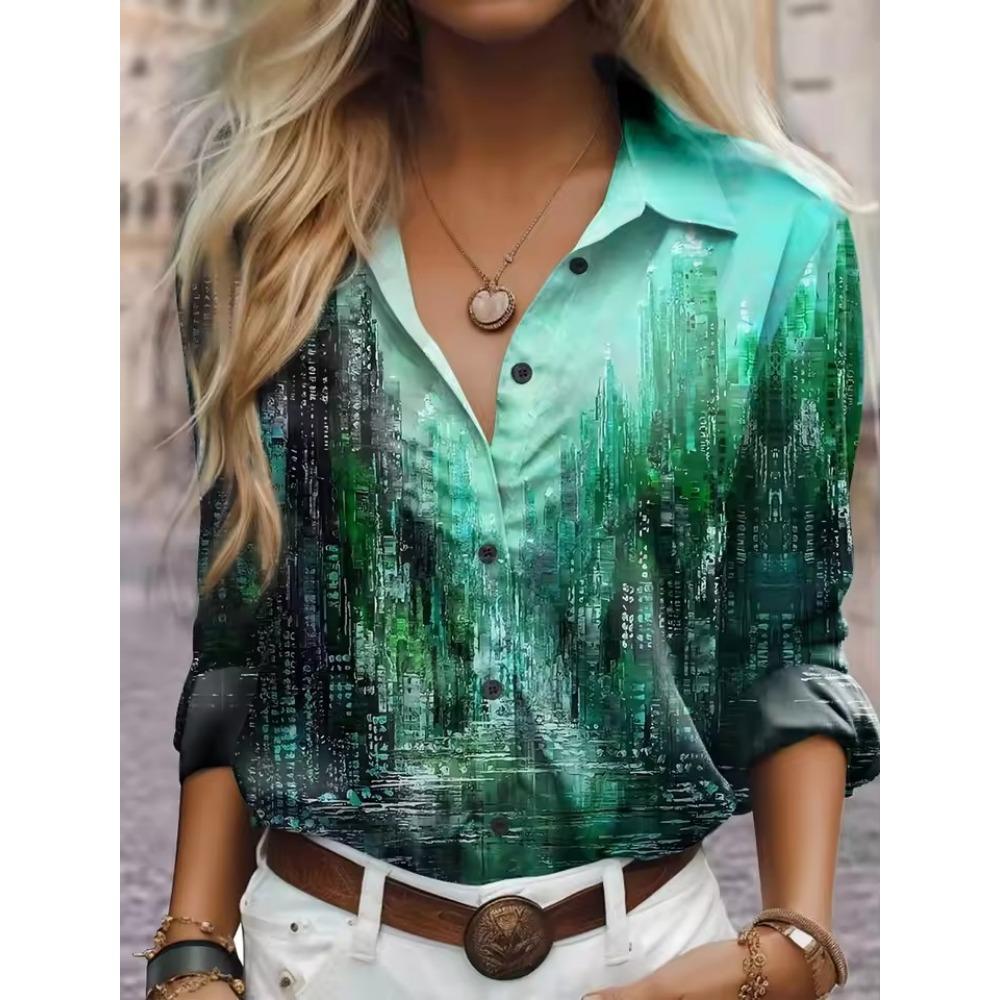 Women's  Fashion Geometric Buttons Blouse Lapel Neck Blouse Womens Long Sleeve Shirts Womens Clothing Female Clothing