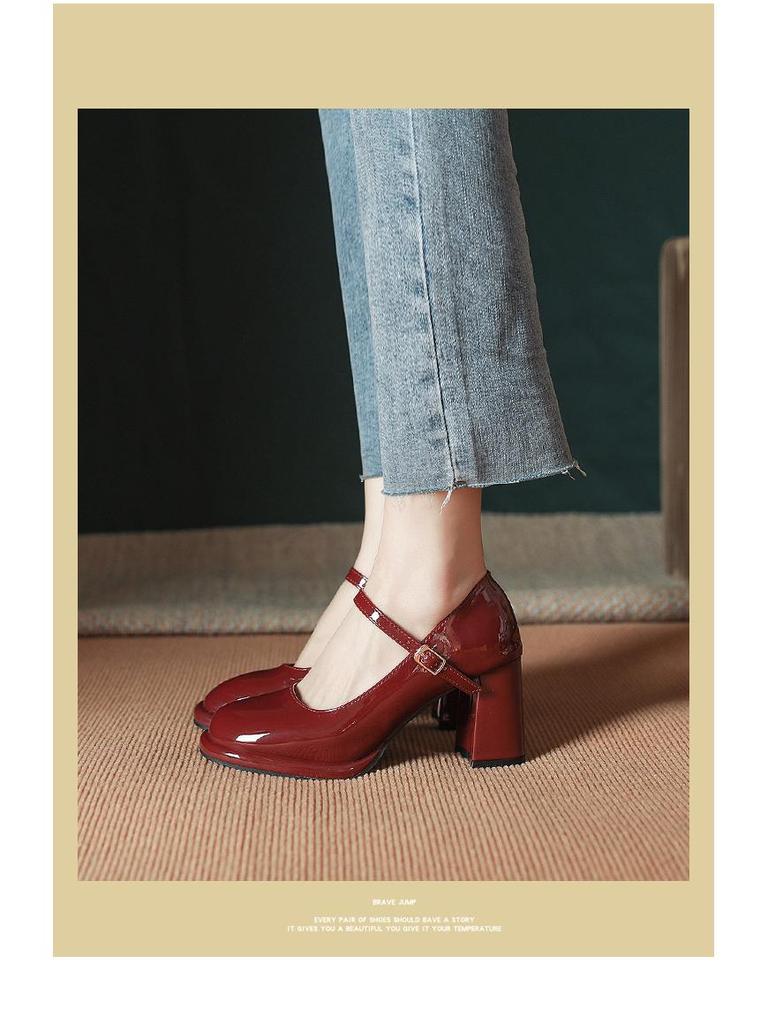 Skórzane, wodoodporne, platformowe buty Mary Jane ze skóry bydlęcej z paskiem na klamrę - damskie buty retro na grubym obcasie