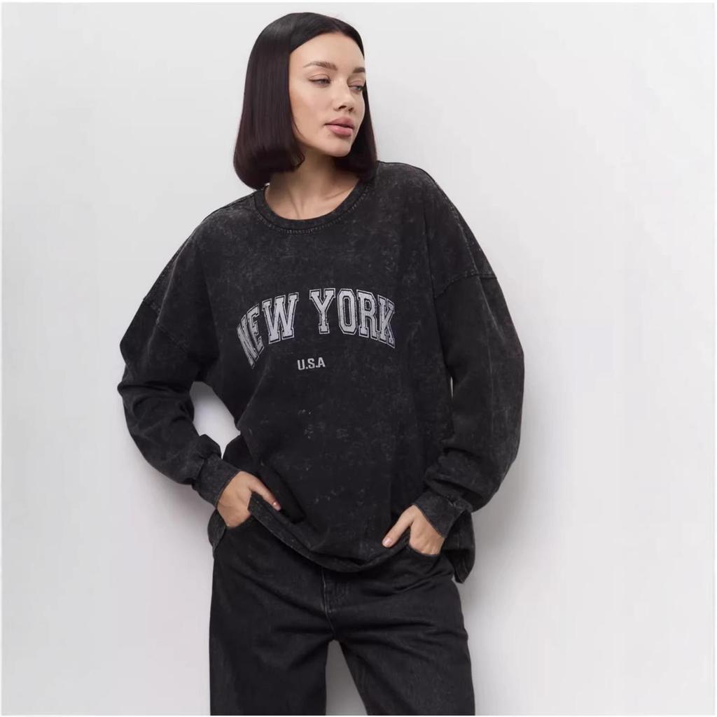 Vintage European-American Style Black Cotton Print Long Sleeve Slimming T-Shirt for Women