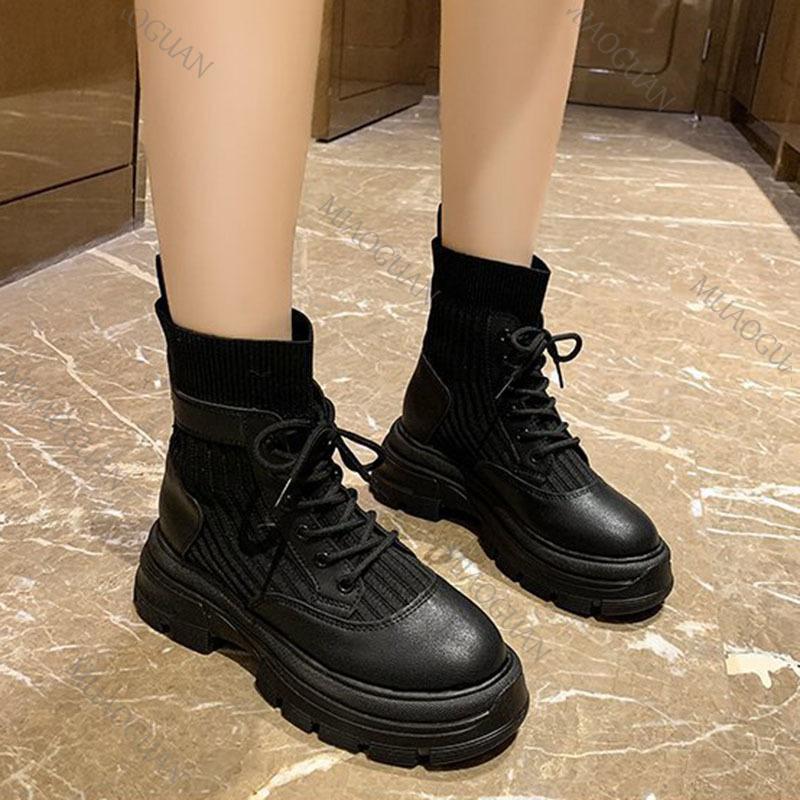 Fashion Spring Autumn Knitted Sock Boots for Women Round Head Lace-up High-heeled Comfortable Versatile Short Boots Fashion Women's Shoe