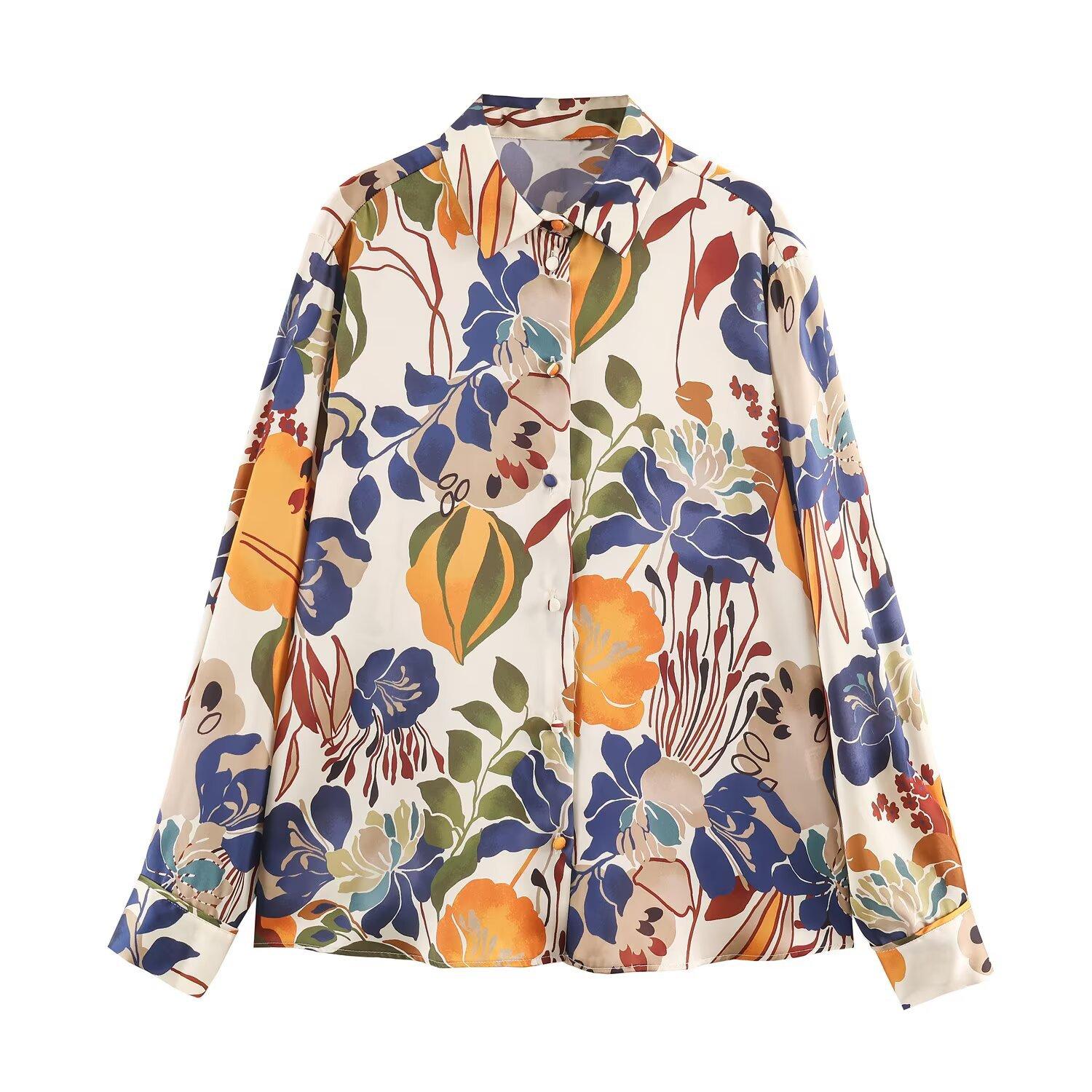 European and American style, new women s clothing, foreign style spring new long-sleeved lapel printed shirt 2169105 S