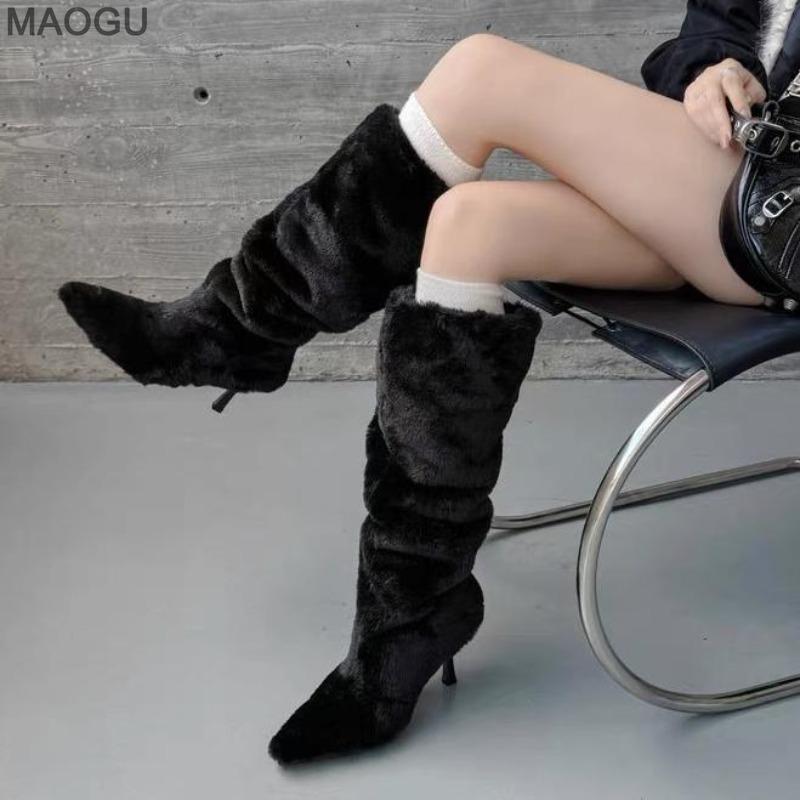 Winter Women Pointed Toe Fuzzy Plush Long Boots Knee-High Slip on White Cozy Faux Fur Lined Boots Fashion Thigh High Botas Mujer