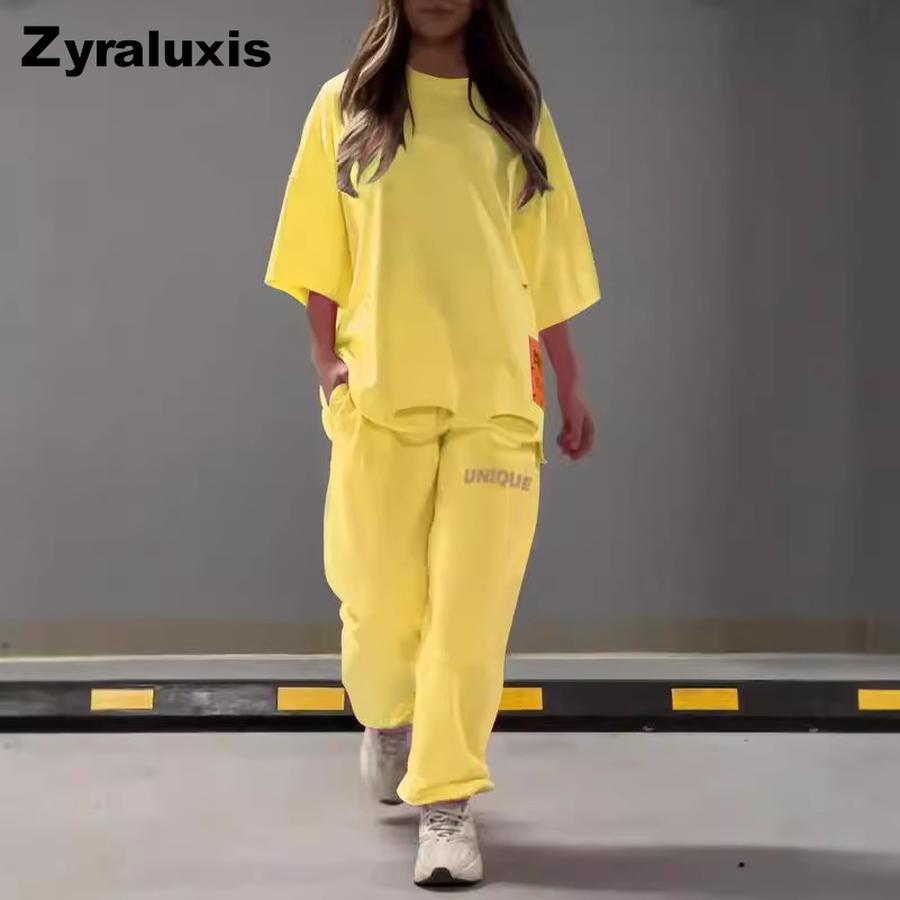 Summer Women's Loose Hollow Crew Neck T-Shirt Top Pants Set Two Piece Outfit
