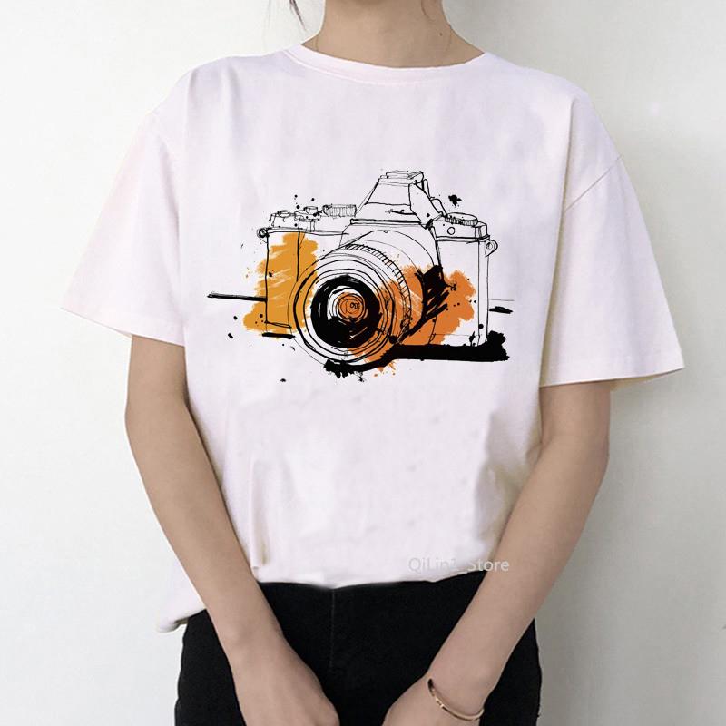 Retro Camera T-Shirt Female Watercolor Flowers Camera Printed