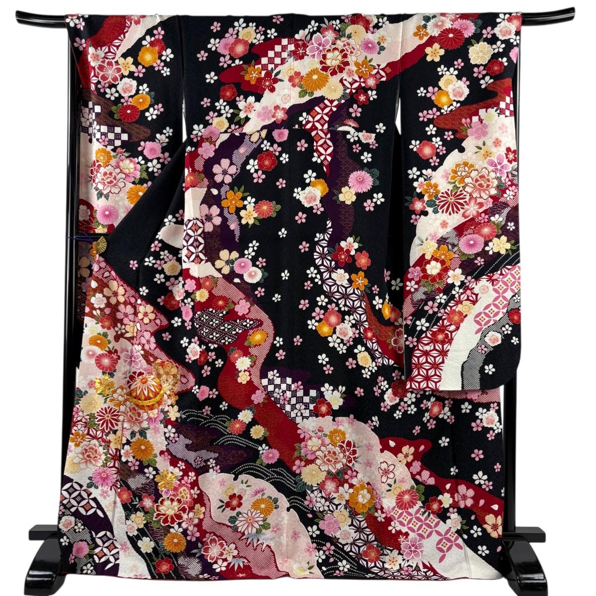 

[Good condition] Furisode, length 171cm, sleeve length 69.5cm, L, temari, flowers, gold thread, silver thread, black, pure silk, masterpiece [Used]