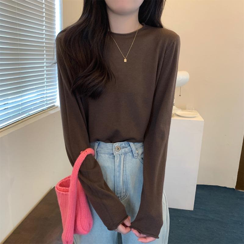 Lazy wind crimped knitted sweater women's early spring simple fashion long-sleeved inner top bottoming shirt