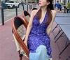 French blue v-neck neck dress women's summer vacation style waist halter hip skirt slim floral suspender skirt