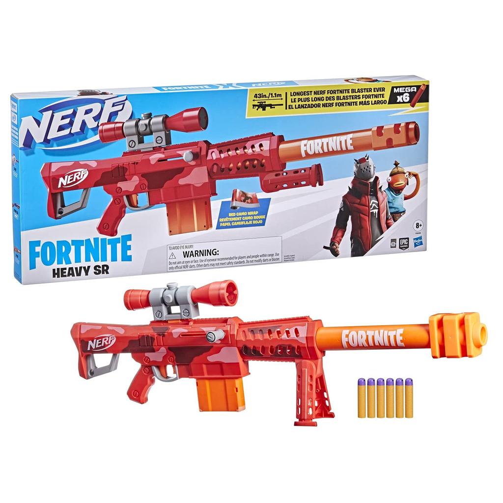 Hasbro Nerf Fortnite Heavy SR Manual for ages 8 and Uses Mega Includes 6 Official Mega Darts Clip for 6 Includes Removable Red Camo Total Length