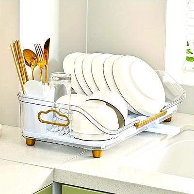 1pc Dish Drying Rack with Handle - for Kitchen Counter Sink Organization and Storage - with Drainboard and Utensil Holder - Easy To Drain and Clean